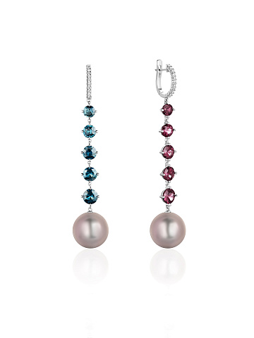 White gold earrings with pearls and spinels in dégradé shades, 1