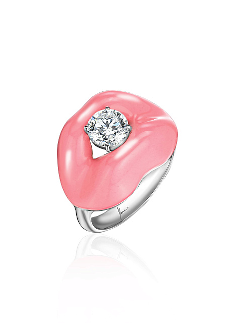 White gold ring with pink enamel and diamond, 1