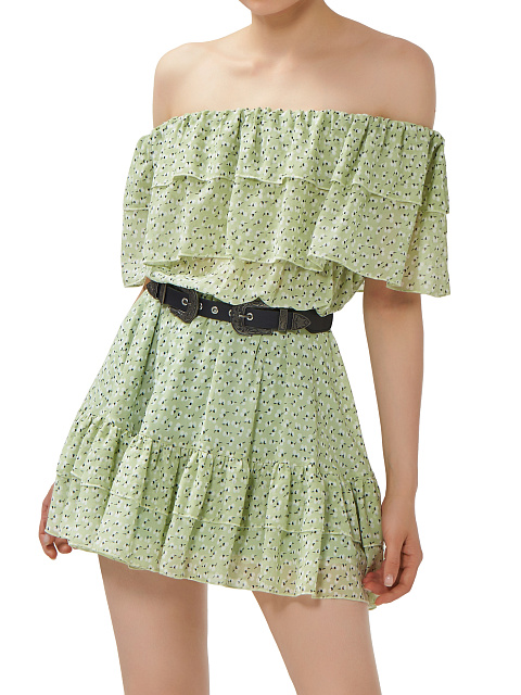 Light Green Flower Printed Off Shoulder Mini Dress, 5 Light Green Flower Printed Off Shoulder Mini Dress, 5