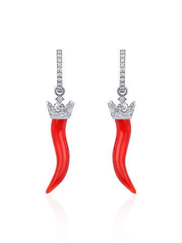 Coral, Round Diamond & White Gold Earrings, 1
