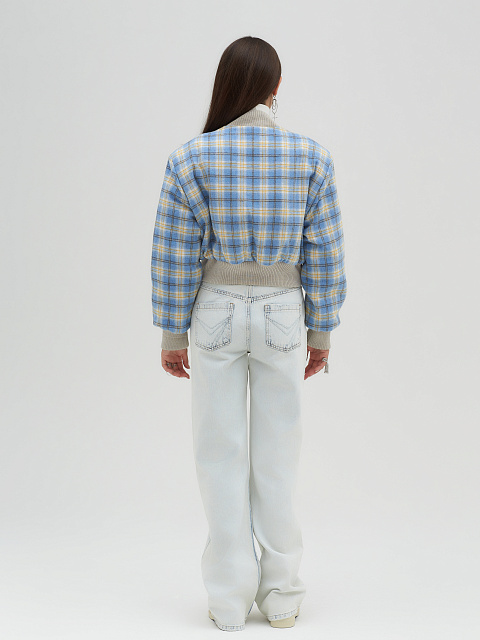 Light Blue Plaid Cropped Bomber Jacket, 7 Light Blue Plaid Cropped Bomber Jacket, 7