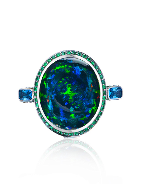 Black Cabochon Opal, Baguette Sapphire, Round Emerald & White Gold Ring, 2