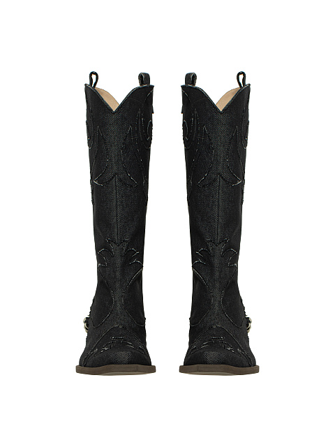 Black Denim Embroidered Cowboy Boots, 2