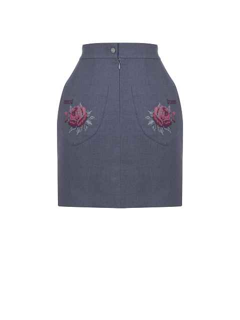 Roses Embroidered Indigo Blue Linen Mini Skirt, 2