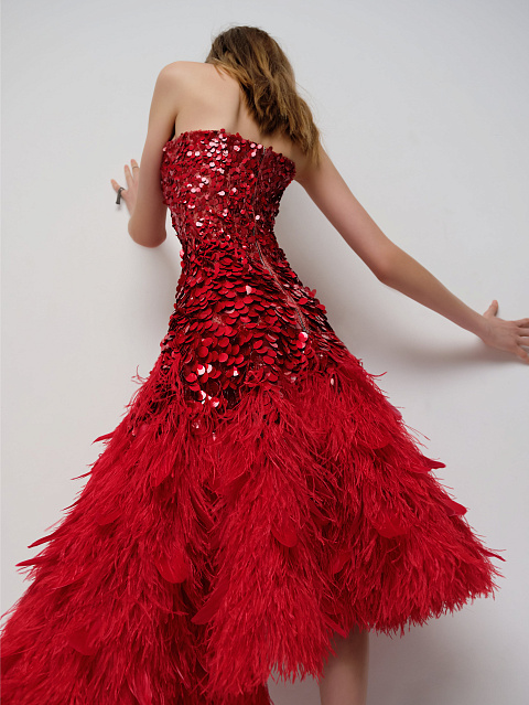 Red Feather-Trimmed & Sequined Midi Dress, 6