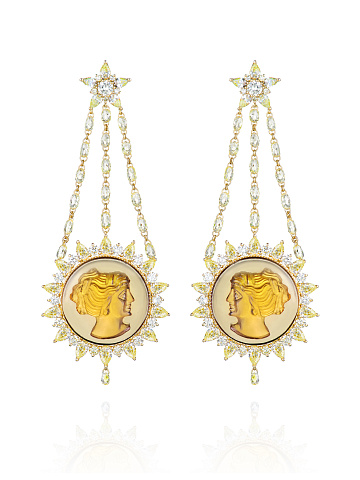 Gold, Carnelian Cameo & Pear-cut Yellow Diamonds Earrings , 1