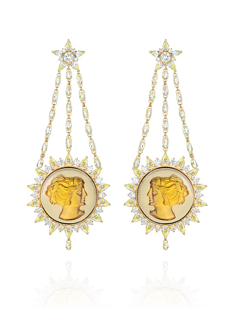 Gold, Carnelian Cameo & Pear-cut Yellow Diamonds Earrings , 1