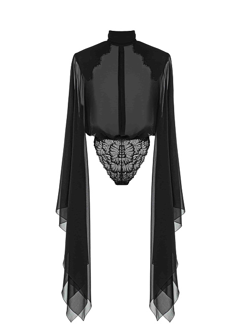 Black chiffon bodysuit blouse with lace, 1