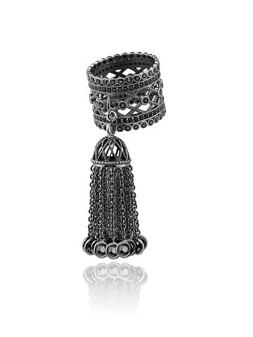 Black Cubic Zirkonia & Black Silver Tassel Ring, 1