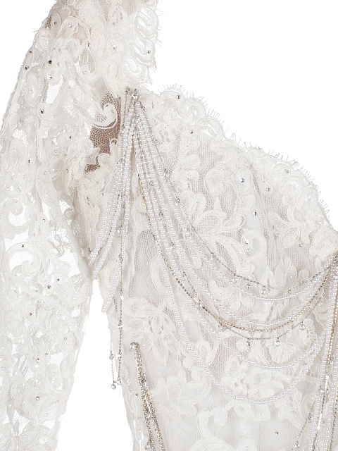 White Lace-Paneled Pearl-Embellished Dress, 4