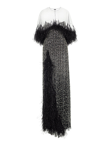 Black Mesh Maxi Dress With Feathers And Crystals, 1