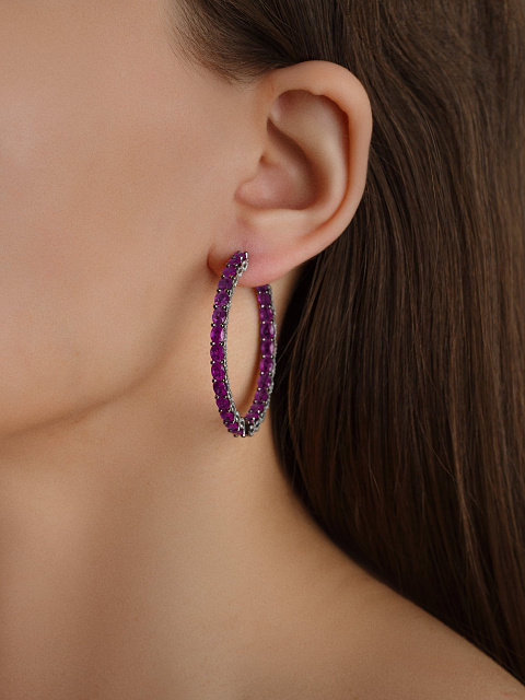 Oval Amethyst & Round Diamond & Black Gold Hoop Earrings, 2