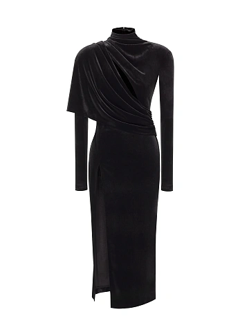 Черное платье-миди из бархата с драпировкой, 1