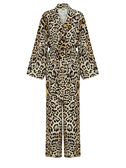 Beige Leopard Shirt & Pants Pajama Set, 1