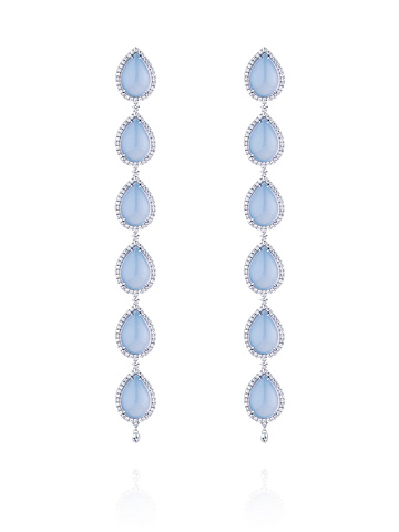 Long white gold earrings with cabochon-cut chalcedony and diamonds, 1