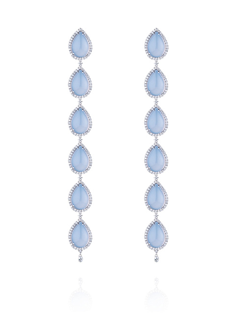 Long white gold earrings with cabochon-cut chalcedony and diamonds, 1