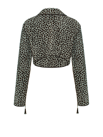 Leopard Printed Kangaroo Fur Cropped Biker Jacket, 2