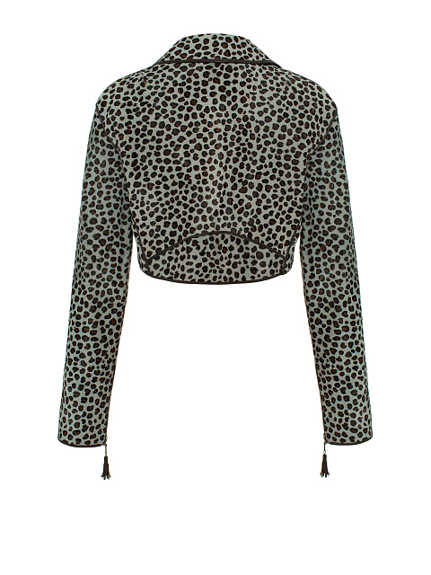 Leopard Printed Kangaroo Fur Cropped Biker Jacket, 2