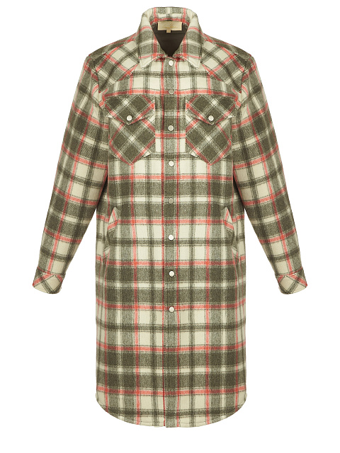 Green & Ecru Checked Wool Long Overshirt, 1 Green & Ecru Checked Wool Long Overshirt, 1