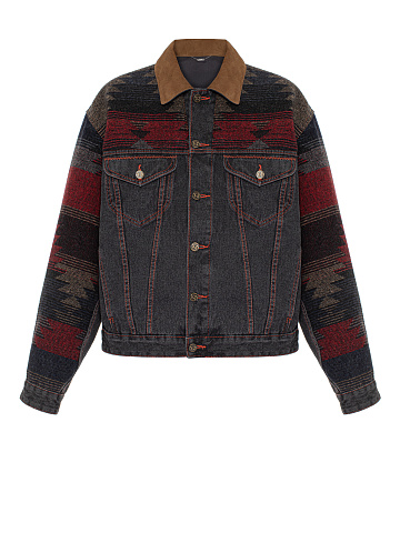 Grey Wool & Suede Trim Denim Jacket, 1