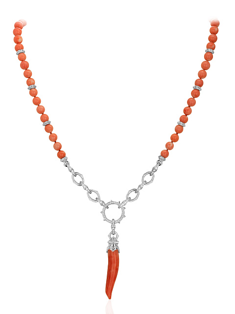 White Gold, Coral & Diamonds Pendant Necklace, 1