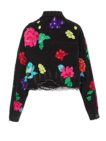 Black cropped denim jacket with raw hem and floral embroidery, 2