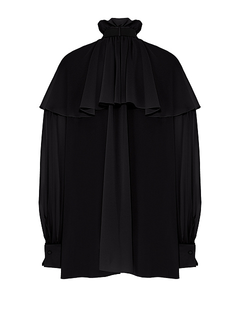 Black chiffon blouse with ruffles and ribbon, 4