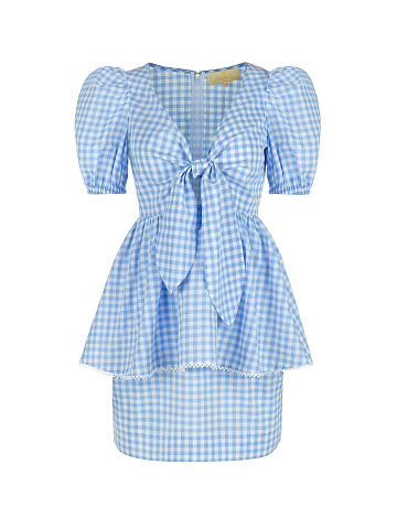 Light Blue Checked Cotton Top & Mini Skirt, 1