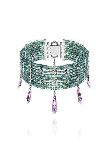 Bead Green Sapphire, Pear Amethyst, Grey Round Diamond & White Gold Necklace , 1