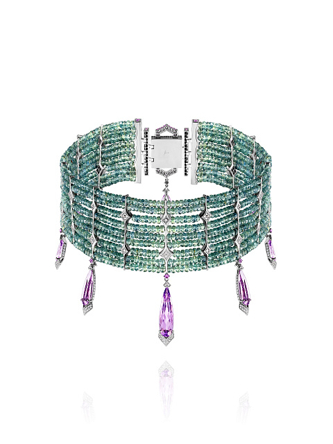 Bead Green Sapphire, Pear Amethyst, Grey Round Diamond & White Gold Necklace , 1