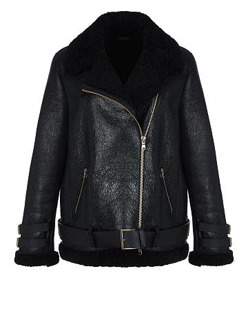 Oversized Black Belted Shearling Biker Jacket, 1