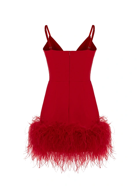 Red Feather Trim Jersey Mini Dress, 3 Red Feather Trim Jersey Mini Dress, 3