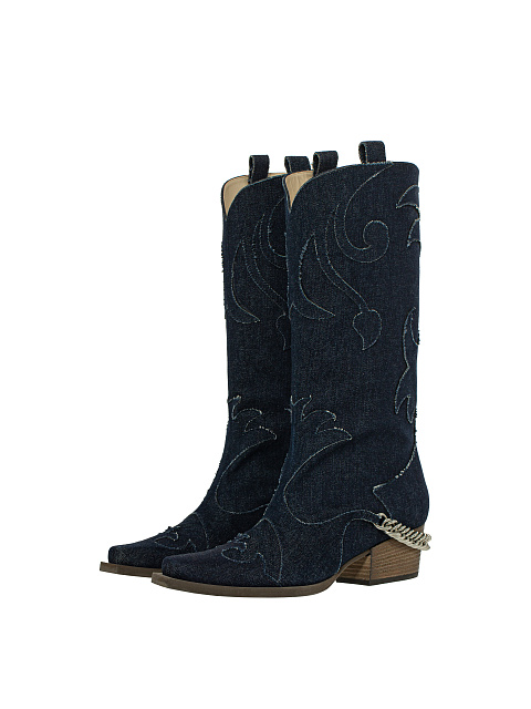 Blue Denim Embroidered Cowboy Boots, 1