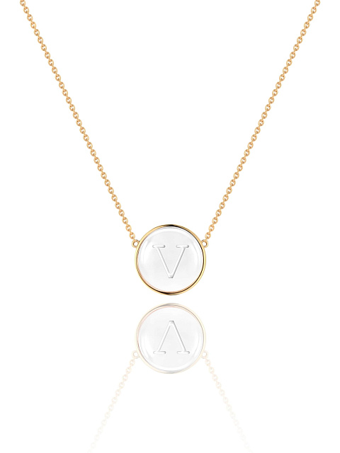 Yellow Gold & Rock Crystal Letter "V" Necklace, 1
