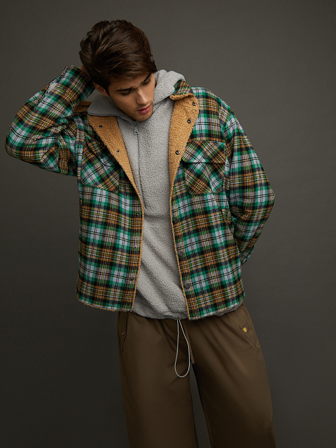 Men's Green Checked Faux Fur Lined Shirt, 5 Men's Green Checked Faux Fur Lined Shirt, 5