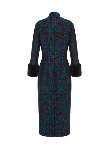 Blue Jacquard Midi Dress With Mink Fur Cuffs, 2
