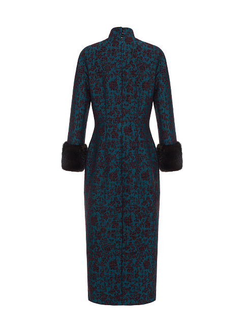 Blue Jacquard Midi Dress With Mink Fur Cuffs, 2