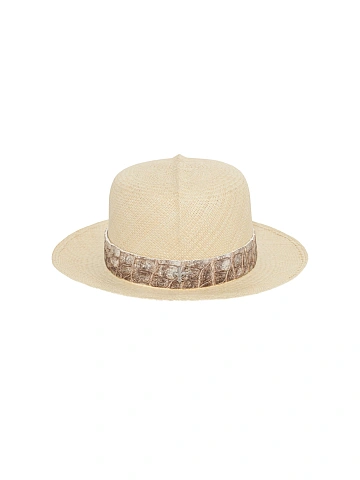 Himalayan Crocodile Leather Trimmed Straw Hat, 2