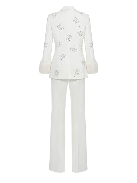 White three-piece suit with embroidery and mink cuffs, 2 White three-piece suit with embroidery and mink cuffs, 2