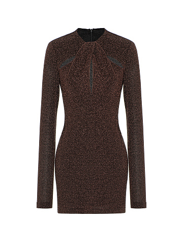 Платье-мини из черного трикотажа с золотым люрексом, лиф-узел, 1