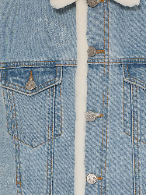 Blue Denim Jacket with Fur and Paisley Embroidery, 3