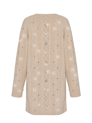Biege Rhinestones Long Wool Cardigan, 2
