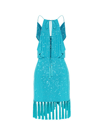 Turquoise Rhinestones & Fringe Mini Dress, 2