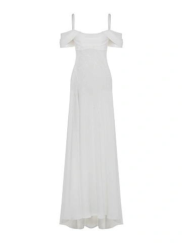 White Beaded Flowers Silk Maxi Dress, 1