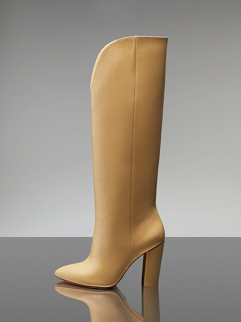 Beige Leather Heeled Tall Boots, 5