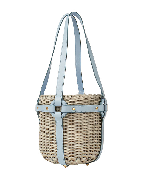 Blue Leather Trimmed Straw Bucket Bag, 3