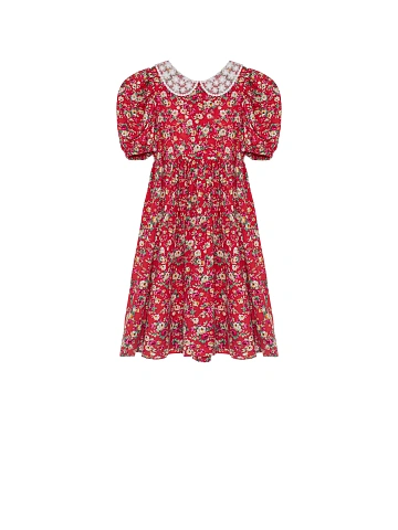 Girl's Red Floral Lace Trim Dress, 1