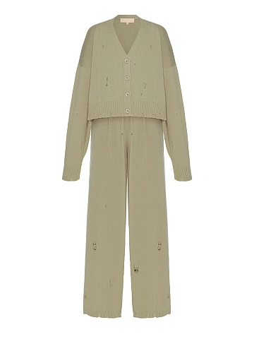 Khaki Knitted Cardigan, Top & Pants Set, 2