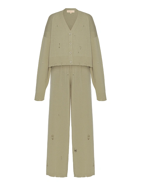 Khaki Knitted Cardigan, Top & Pants Set, 2 Khaki Knitted Cardigan, Top & Pants Set, 2