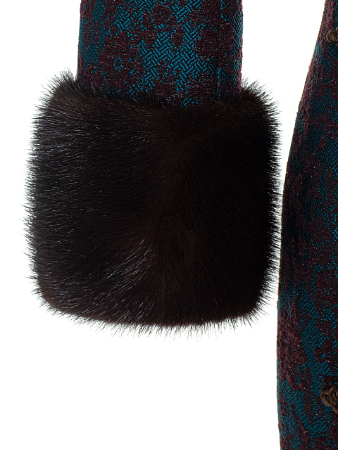 Blue Jacquard Midi Dress With Mink Fur Cuffs, 4